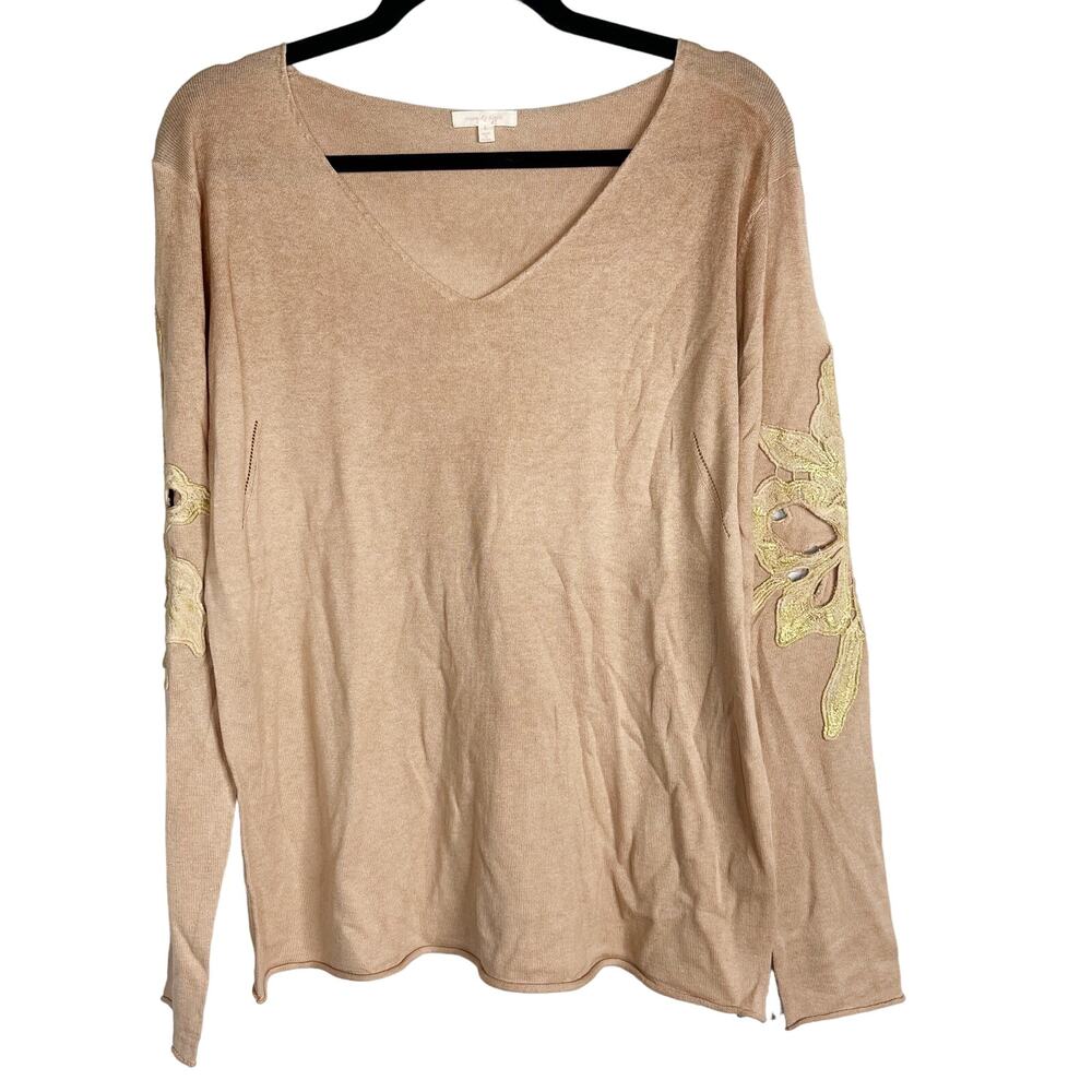 Morning Apple Large Pink Lace Applique V Neck Long Sleeve Knit Top Cotton Blend